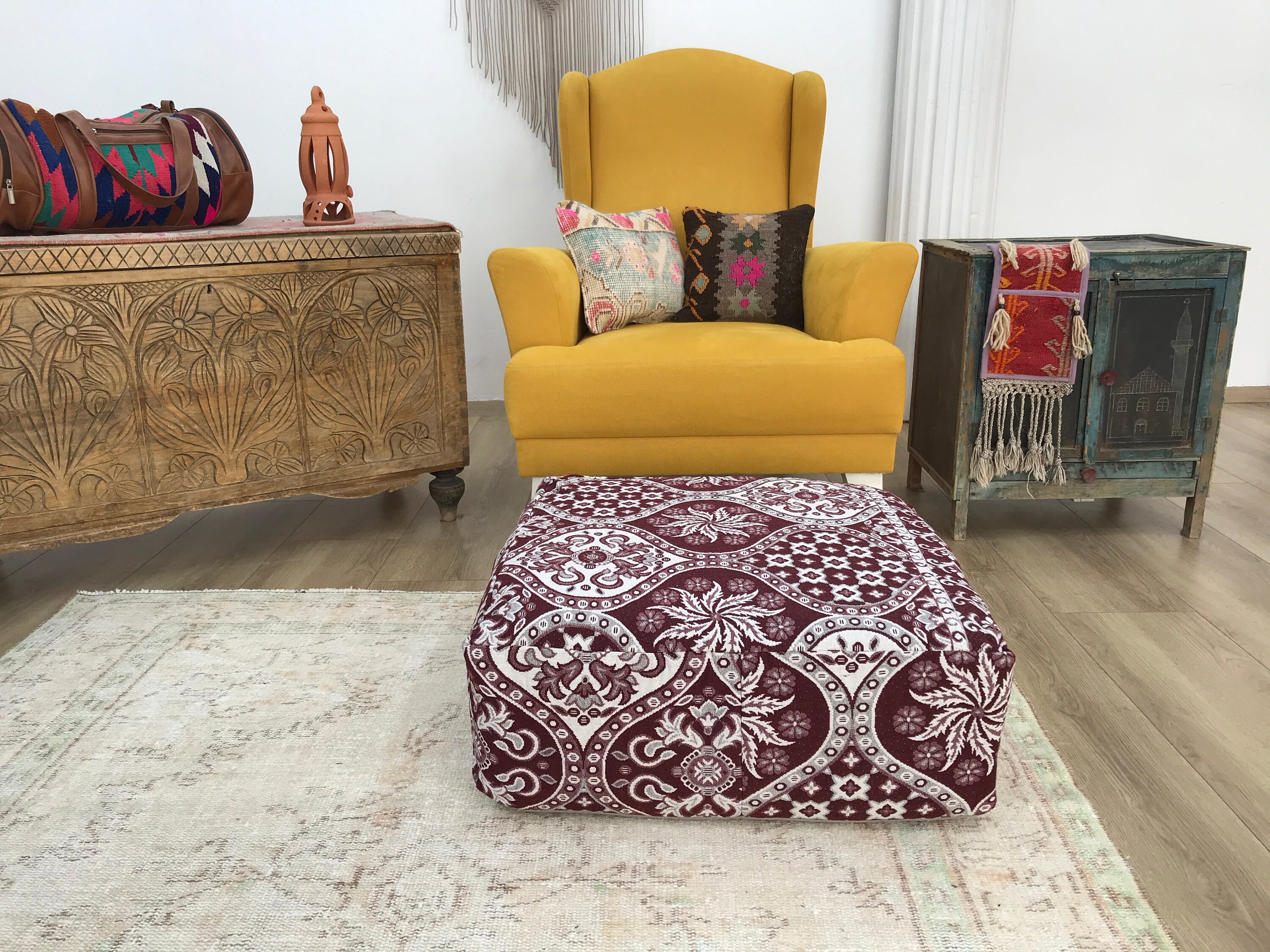 Pouf Cuscino Da Pavimento Boemo Verde Scuro 70 Cm - Fodera Rotonda Ricamata In Patchwork