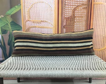 Rustic Lumbar Kilim Pillow Cover, Primitive Vintage Handmade Long Pillow, Turkish Rug Woven Kilim Cushion Case 12x36kp142