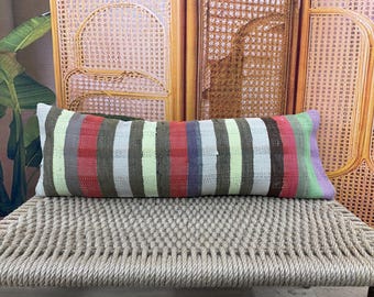 Boho Woven Kilim Pillow, Vintage Striped Cover, Handcrafted Farmhouse Lumbar Cushion, Casual Floor Pillow 12x36kp275