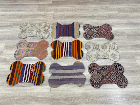 Bone Shape Dog Feeding Mat, Decorative Turkish Kilim Rug, Colorful Boho Pet Carpet