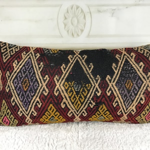 turkish kilim pillow, 12 x 24 boho kilim, couch pillow, throw pillow cover, wool cushion cover,  accent pillow, organic aztec pillow, 2261