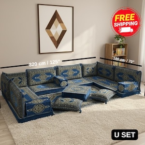 Single seating sofa, Majlis floor sofa, U shaped sofa, Living room sofa, Palace seating, Premium sofa,  Sofa with ottoman, Floor couch, FS33