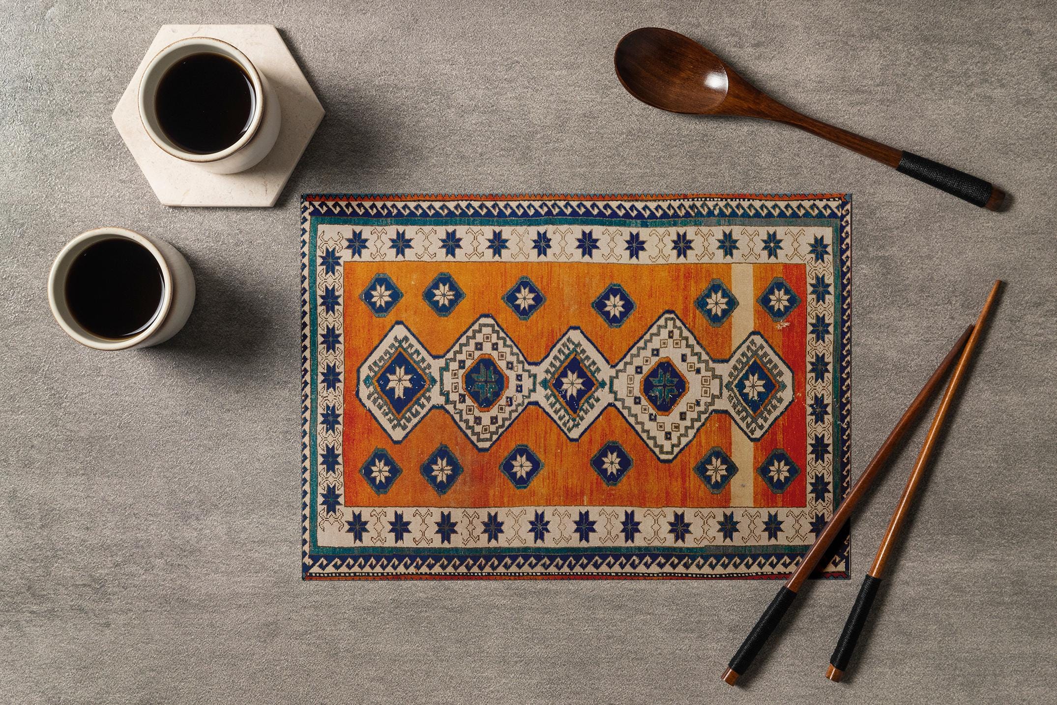 Geometric design mat, Kitchen placemat, Noble tableware, Boho placemat, Orange color placemat, Vintage print placemat, Cozy placemat, 13676