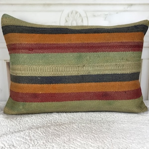 accent kilim pillow, multicolored outdoor pillow, woven wool pillow, old boho cushion, euro sham cover, natural pillow, 16x24 pillow, 2447