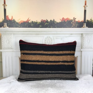 accent bench pillow, handmade kilim pillow, turkish pillow cover, black kilim lumbar, bedding decor pillow, 16x24 inches pillow, 2420