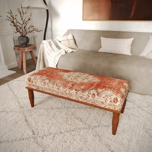 Faded Orange Hallway Seat | Vintage Medallion Wood Bench | 8809-1