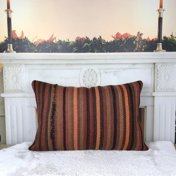 turkish kilim cover, striped sofa pillow, throw kilim pillow, orange bench pillow, euro sham cover, vintage pillow, 16x24 inch pillow, 2589