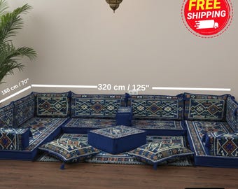 Floor Seating Sofa, Reading Nook, Arabic Majlis, Sectional Couch With Ottoman, Blue Pouf, Kilim Single Sofa FS 06
