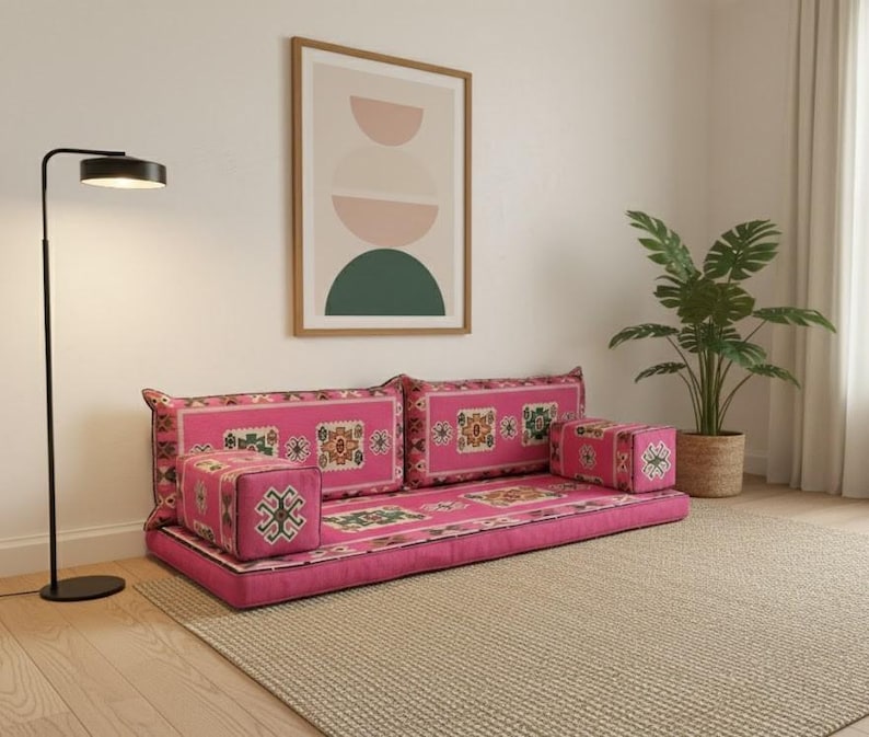 Pink floor seating, Majlis sofa set, Arabic sofa, Floor couch, Window seat cushion, Reading nook cushion, Chenille cushion cover, FS 19 画像 13