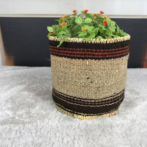 May include: A woven brown and beige planter with orange and brown stripes. The planter is filled with a green plant with small red flowers.