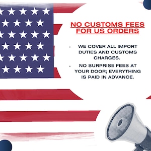 The image is a graphic design featuring the American flag and a megaphone, along with text stating that there are no customs fees for US orders.