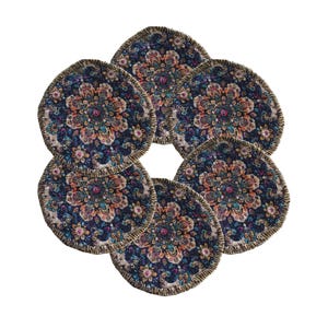 Oriental design coaster set, Elegant coasters, Vibrant color coasters, Cozy home decor coasters, Embroidered round fabric coasters, Gift mat