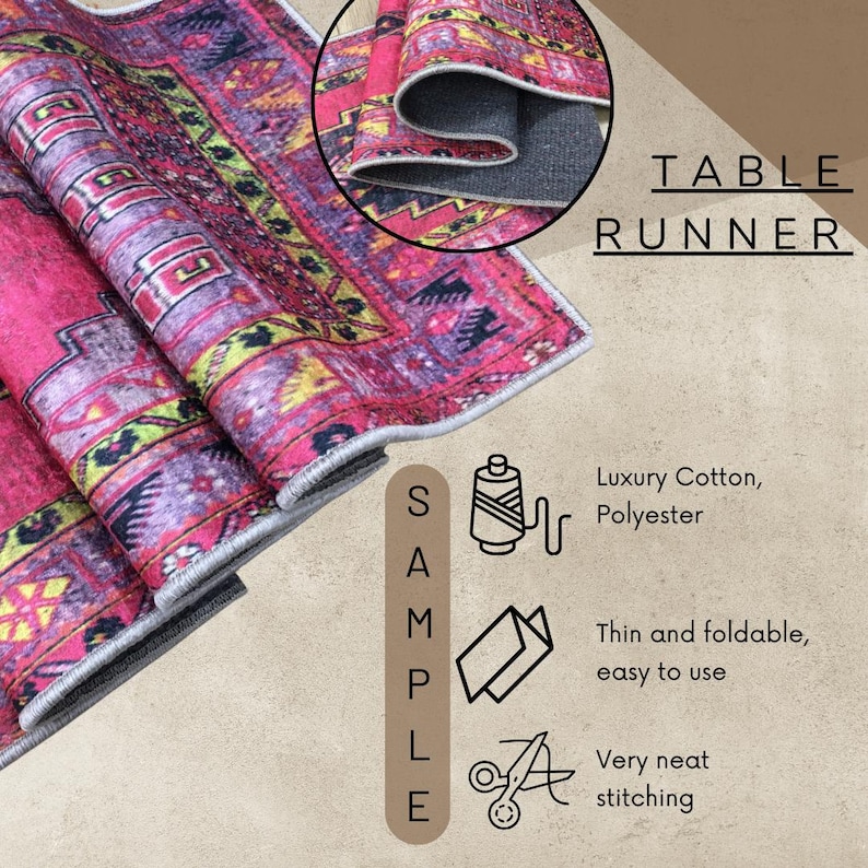 The image is a close-up of a vibrant, patterned rug with a table runner attached to it. The rug is folded and displayed on a flat surface, showcasing its design and texture. The image also includes a sample of the rug, highlighting its features such as luxury cotton, polyester, thin and foldable, easy to use, and neat stitching.