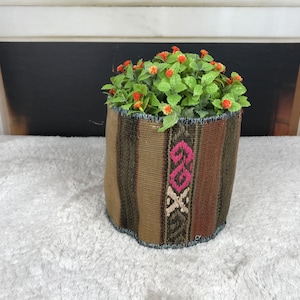 May include: A round woven planter with a striped pattern in brown, beige, and green. The planter has a pink and white geometric design on the front. A small green plant with orange flowers is inside the planter.