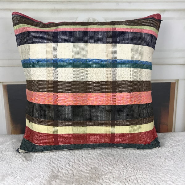 organic wool pillow, kilim throw pillow, checkered pillow, colorful cushion, retro pillow cover, 18x18 inches pillow, ethnic pillow, 4898