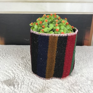 May include: A small potted plant with green leaves and orange flowers in a woven striped planter with pink stitching. The planter has black, brown, red, and blue stripes.