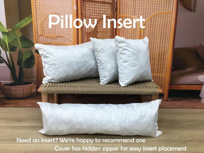 a set of white pillows on a woven bench, with a potted plant in the background. The text overlay suggests that the pillows are an insert that can be used to cover a pillowcase, and the image is promoting the use of the pillow insert.