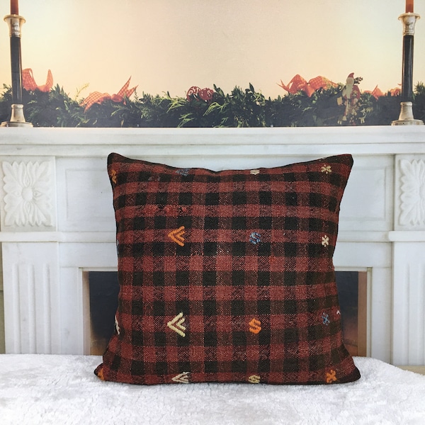 plaid pillow, kilim pillow cover, red black pillow, sofa pillow, kitchen pillow, winter garden decor, 20x20 pillow, christmas decor, 2915