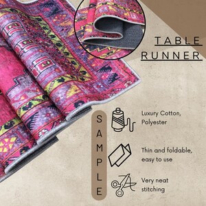 The image is a close-up of a vibrant, patterned rug with a table runner attached to it. The rug is folded and displayed on a flat surface, showcasing its design and texture. The image also includes a sample of the rug, highlighting its features such as luxury cotton, polyester, thin and foldable, easy to use, and neat stitching.