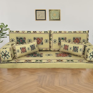 Majlis sofa set, Yellow sofa seating, Living room set, Chenille seating, Floor sofa moroccan, Arabic cushion, Window seat cushion, FS 22