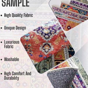 The image is a collage of various colorful and patterned rugs, showcasing high-quality fabric, unique design, luxurious fabric, washability, comfort, and durability.