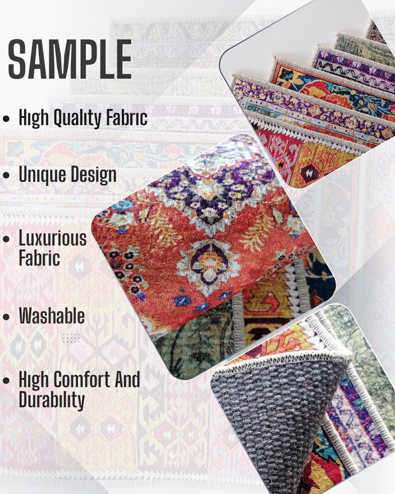 The image is a collage of various colorful and patterned rugs, showcasing high-quality fabric, unique design, luxurious fabric, washability, comfort, and durability.