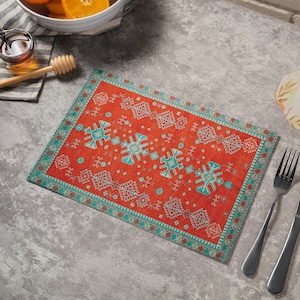 Oriental rug style table decor, Turkish rug print kitchen mats, Luxury textile art placemats, Bohemian dining room table mats, 8819-03