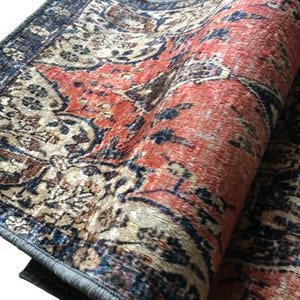 a close-up view of a vibrant, intricately patterned rug with a mix of red, blue, and beige colors. The rug appears to be a traditional or vintage design, with a detailed and ornate pattern that adds visual interest and complexity to the scene.