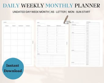 daily weekly monthly planner undated planner simple printable 12 hour 24 hour planner A5 letter size printable instant download