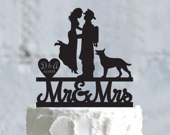 Fireman wedding custom mr and mrs cake topper with dog,Fire fighter wedding dog topper,firefighter groom and bride wedding cake topper,a621