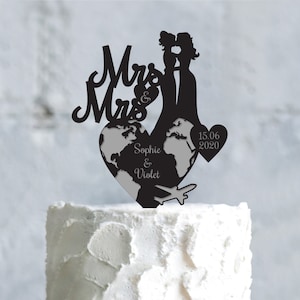 Lesben Hochzeit Reise Thema Ziel Namen Kuchen Topper, gleichgeschlechtliche Hochzeit Herz Kuchen Topper, Abenteuer Hochzeit mrs and mrs Kuchen Topper, A605