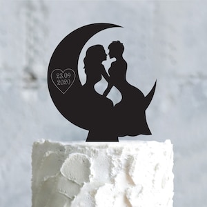 Moon wedding lesbian cake topper,crescent moon lesbian celestial wedding cake topper,moon and back wedding mrs and mrs cake topper date,a616