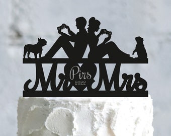 Custom gamer wedding couple funny surname cake topper with dog,video gamer themed wedding gaming lover last name bulldog cake topper,a851