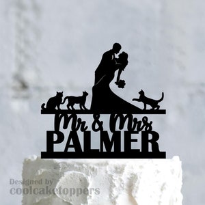 Cat wedding cake topper, Mr and Mrs cake topper with cat, Three cats cake topper, Bride and groom topper with animal, Pet cake topper,a926