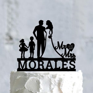Family wedding cake topper, Family cake topper with kids, Mr Mrs topper with little boy and girl, Bride and groom topper with children,a898