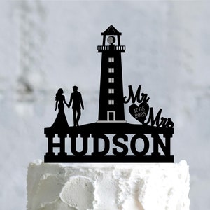 Topper per torta nuziale a forma di faro, topper per torta nuziale a forma di faro, topper per torta nuziale a forma di spiaggia, topper per torta nuziale a forma di faro costiero Mr e Mrs, a817