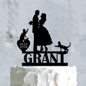 Cat wedding cake topper, Mr and Mrs cake topper with cat, Two cats cake topper, Couple topper with pet, Bride groom topper with cats,a672