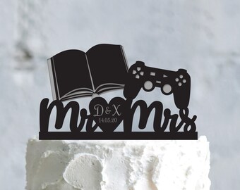 Wedding Cake Topper, Video Game Cake Topper, Game Controller and Book Cake Topper, Acrylic Cake Topper, Custom Gamer Cake Topper, a797