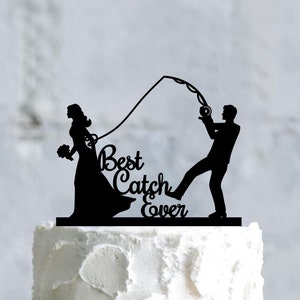 O melhor topo de bolo de todos os tempos, topo de bolo de casamento de pesca, topo de bolo de noivo puxando a noiva, topo de bolo de pesca engraçado, topo de pescador, a717