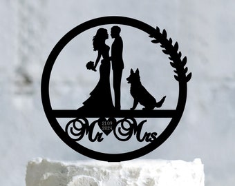 German shepherd wedding cake topper, Boho floral wedding cake topper with dog, Wreath cake topper with german shepherd, Cake topper, a1036