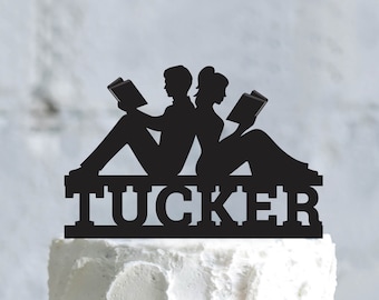 Book couple wedding literary cake topper,book worm last name cake topper wedding,custom book lovers wedding personalized surname topper,a776