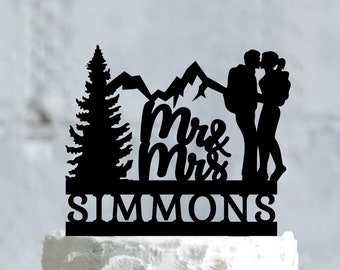 Hiking wedding cake topper, Mountain couple cake topper, Outdoor wedding cake topper, Backpacking Mr and Mrs cake topper, Forest topper,a900