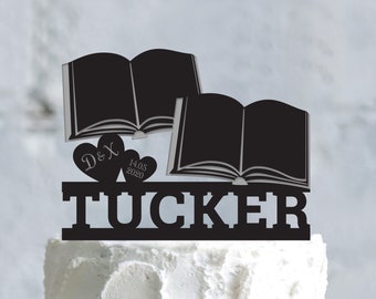 Book couple reading wedding literary heart cake topper,book worm hearts cake topper wedding,book lovers wedding personalized topper,a799