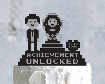 Achievement unlocked 8 bits video gamer wedding retro 8bit gaming cake topper,8 bit video game wedding love the 80s couple funny topper,a802