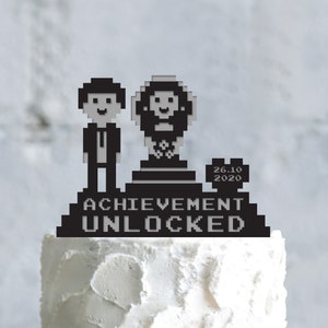 Achievement unlocked 8 bits video gamer wedding retro 8bit gaming cake topper,8 bit video game wedding love the 80s couple funny topper,a802 image 1