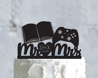 Gamer Book Lover Wedding Cake Topper, Personalized Mr and Mrs Decor, a798