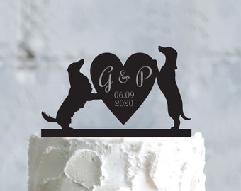 Dachshund lover custom wedding cake topper with dog,miniature dachshund heart initials cake topper,dachshund dogs funny cake topper,a667