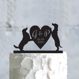 Dachshund lover custom wedding cake topper with dog,miniature dachshund heart initials cake topper,dachshund dogs funny cake topper,a667