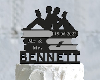 Custom Book Cake Topper, Bookworm Wedding, Library Theme, a954