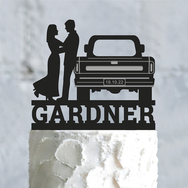 Topper de gâteau de mariage de voiture personnalisé, marié de chauffeur de camionnette M. et Mme topper, camion de ramassage de la mariée et du marié, a914